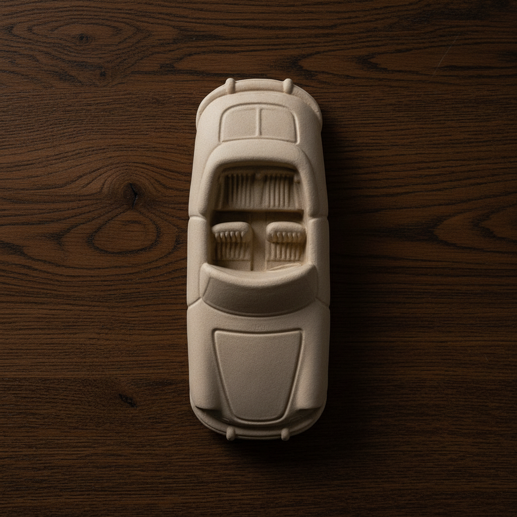 Car sculpture on dark oak