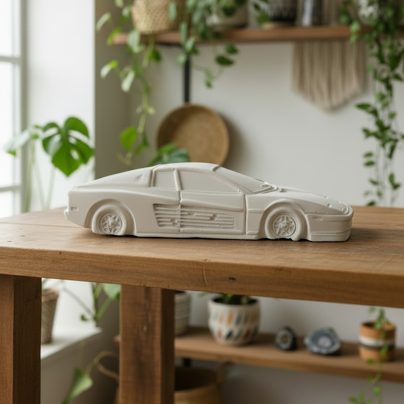 Ferrari Testarossa Plaster Sculpture — Boho Lifestyle, Small Ornament Scale