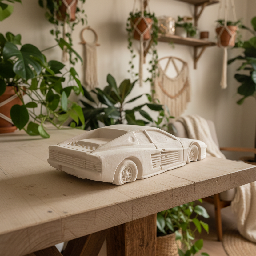 Ferrari Testarossa Plaster Sculpture – Rear Angle Boho Lifestyle